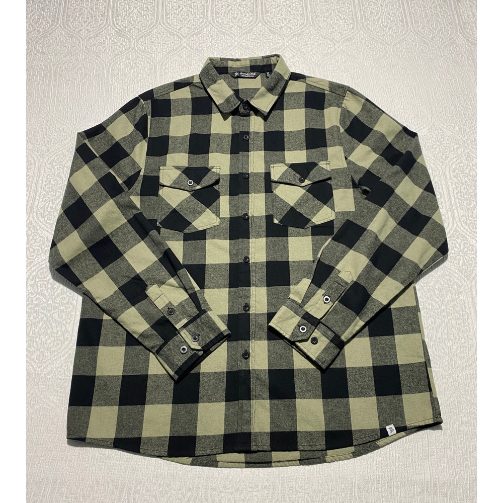 Branded Bills Mens XL Olive Green Black Buffalo Check Plaid Flannel Button Shirt